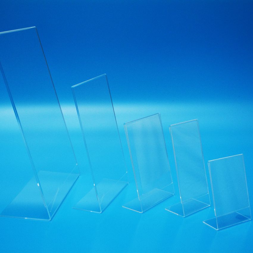 Slanted/lean back menu and leaflet holder, manufactured in clear acrylic and a range of page sizes