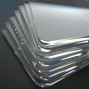 Layered stack of clear acrylic panels with different types of edge finishes