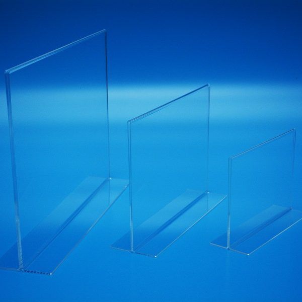 Landscape vertical menu holders in a few different page sizes, manufactured in clear acrylic.