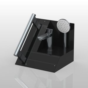 Render of a black acrylic display unit for housing tapware designs.