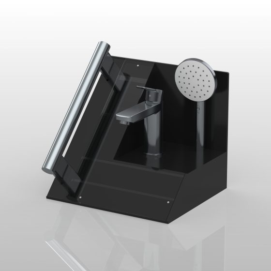 Render of a black acrylic display unit for housing tapware designs.