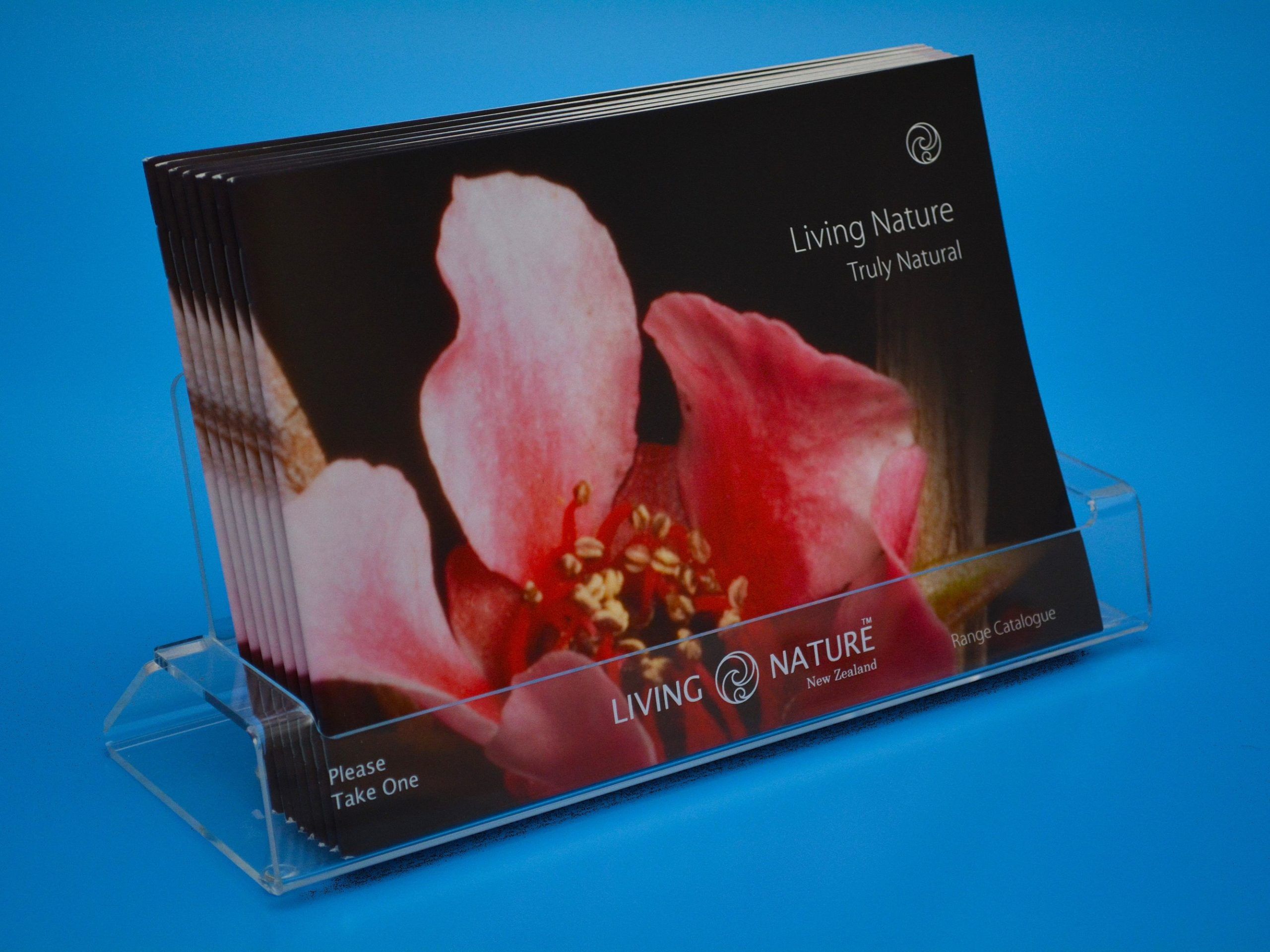 Custom acrylic brochure holders, displaying a customers pamphlets with branding engraved on the front