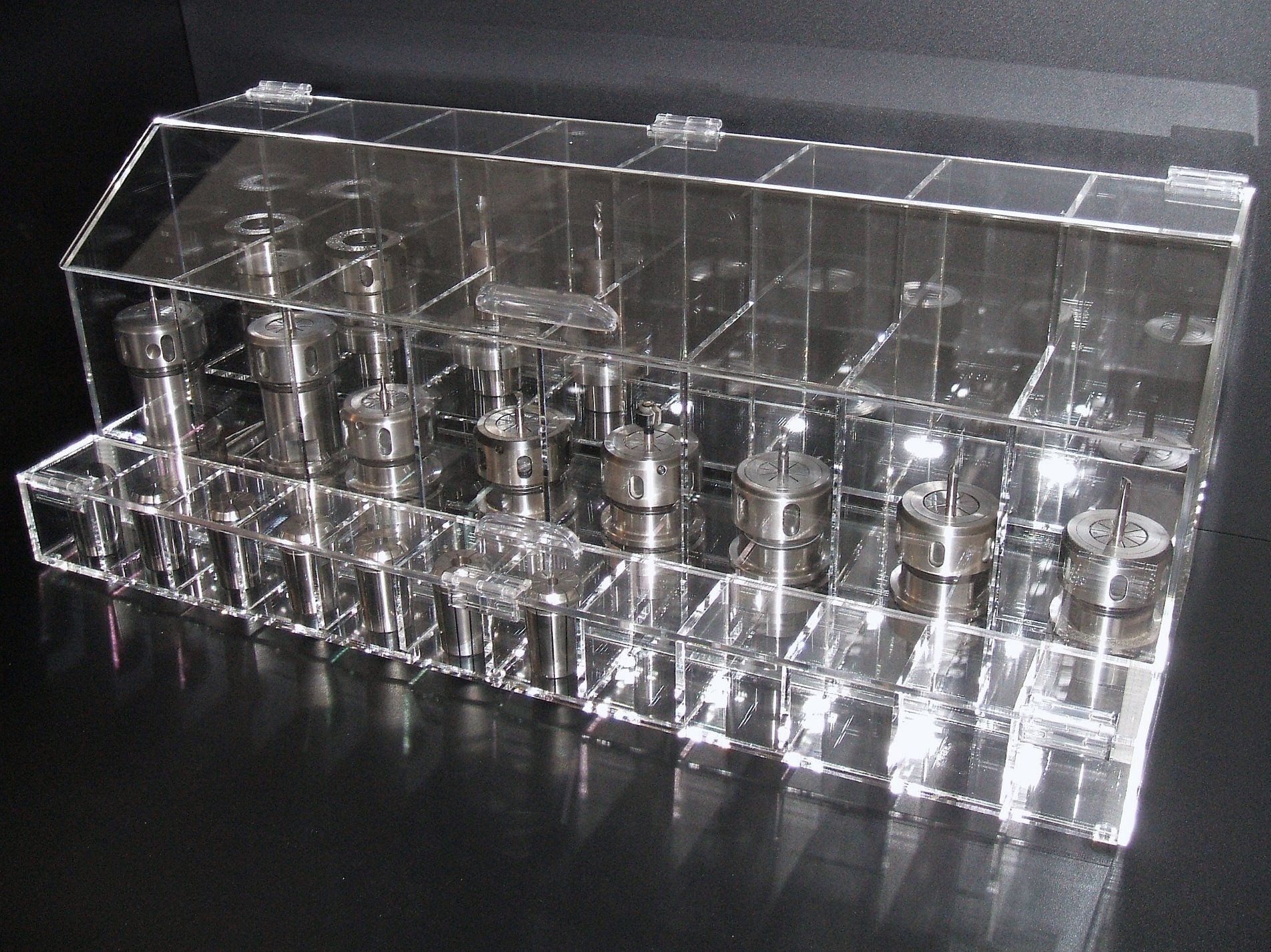 Clear acrylic block with rebates for tile samples for the manufacturing industry