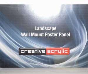 Clear acrylic wall mount poster trap that holds pages between two panels of acrylic, mounted to the wall