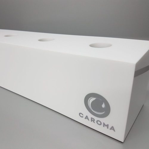 White acrylic tap display unit with mitred joins and printed branding