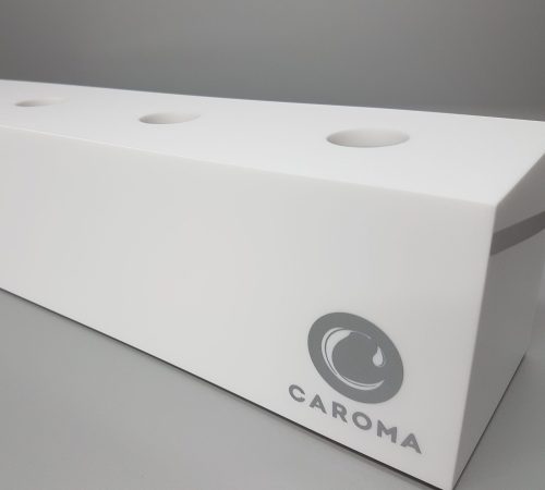 White acrylic tap display unit with mitred joins and printed branding