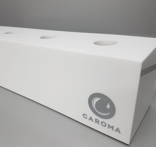 White acrylic tap display unit with mitred joins and printed branding