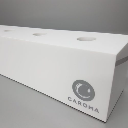 White acrylic tap display unit with mitred joins and printed branding