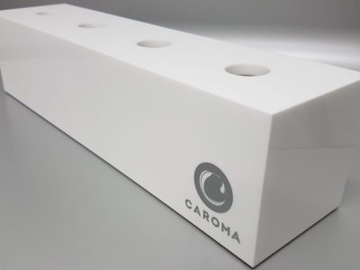 White acrylic tap display unit with mitred joins and printed branding