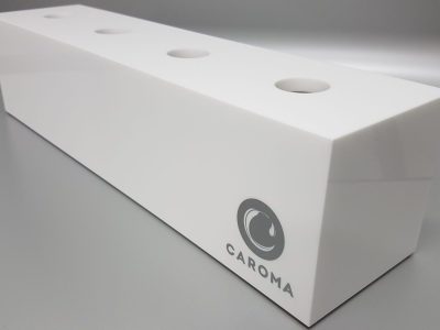White acrylic tap display unit with mitred joins and printed branding