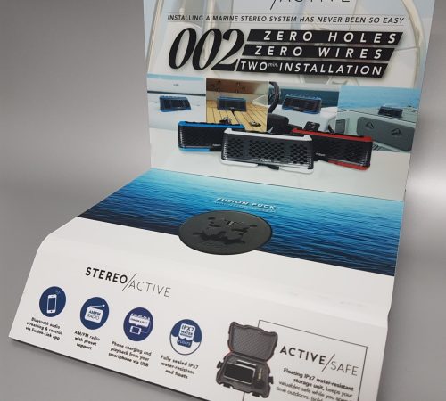 Flat pack designed product promoter with vinyl applied to individual sections