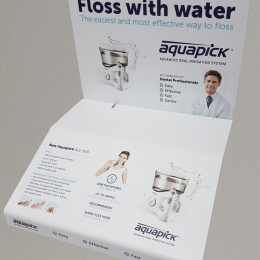 White acrylic product promoter with custom artwork printed direct to substrate