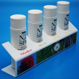 White acrylic bent display stand for product promotion with custom graphics