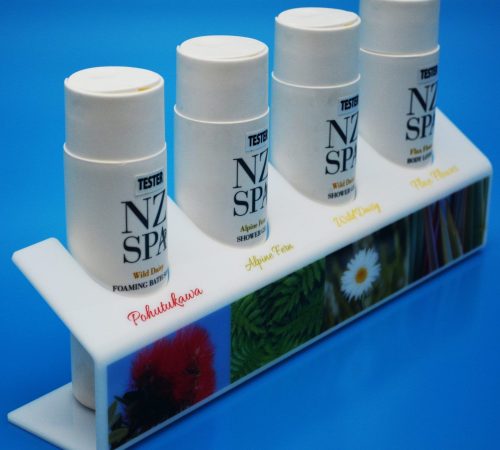 White acrylic bent display stand for product promotion with custom graphics