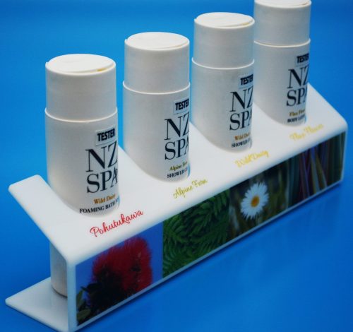 White acrylic bent display stand for product promotion with custom graphics