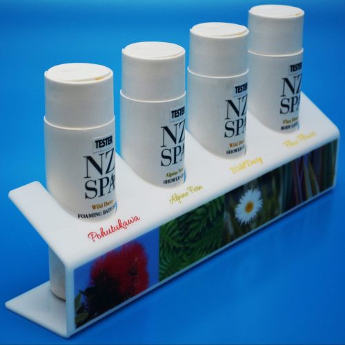 White acrylic bent display stand for product promotion with custom graphics