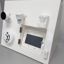 White acrylic product demonstration display with functioning products
