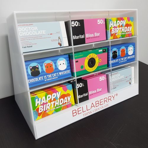Free standing custom sectional display manufactured to house chocolate bars
