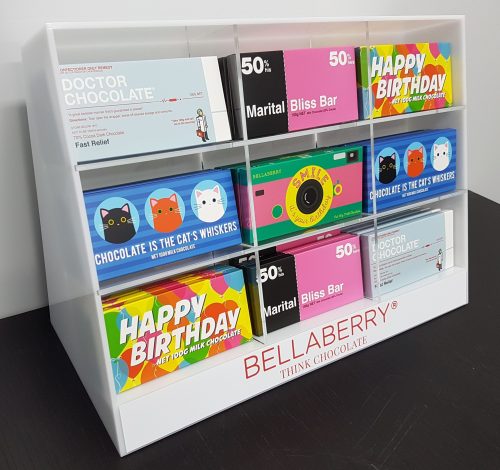 Free standing custom sectional display manufactured to house chocolate bars