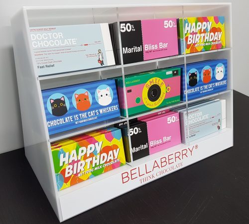 Free standing custom sectional display manufactured to house chocolate bars