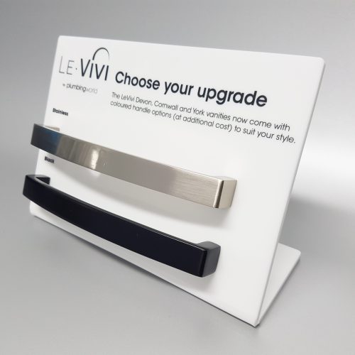 White acrylic lean back product display, with screen printed text.