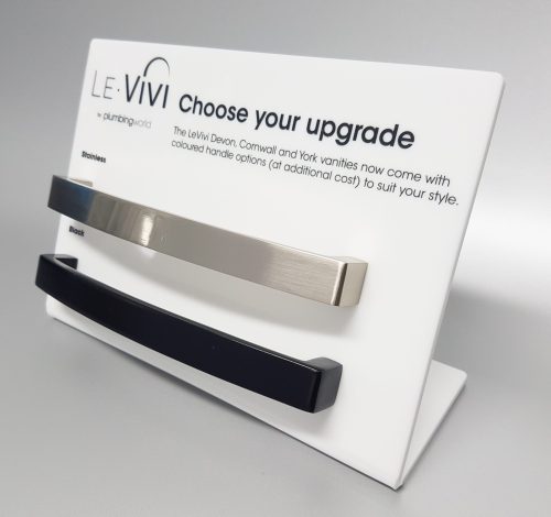 White acrylic lean back product display, with screen printed text.