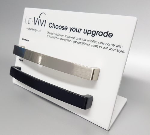 White acrylic lean back product display, with screen printed text.