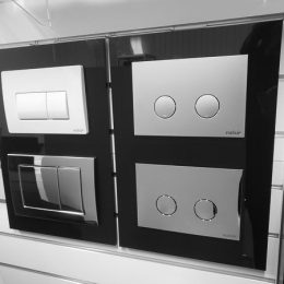 Black acrylic slat wall display unit with functioning product