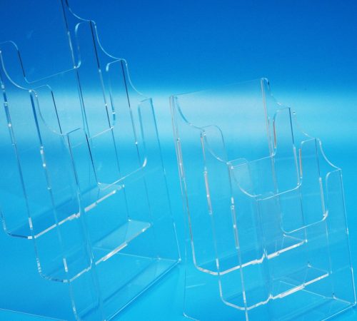 3-tier free standing, counter top brochure holders manufactured in clear acrylic