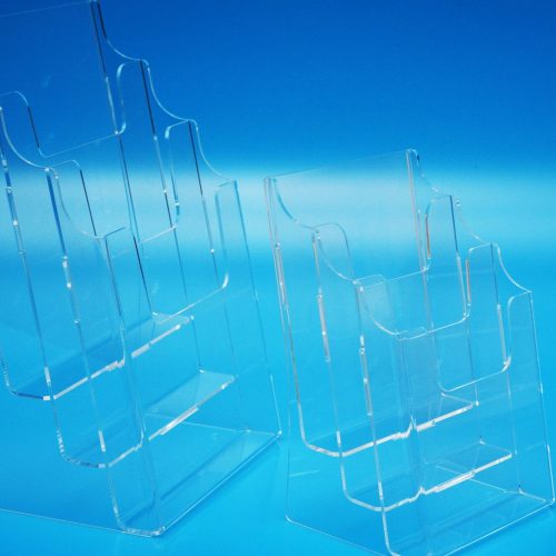 3-tier free standing, counter top brochure holders manufactured in clear acrylic