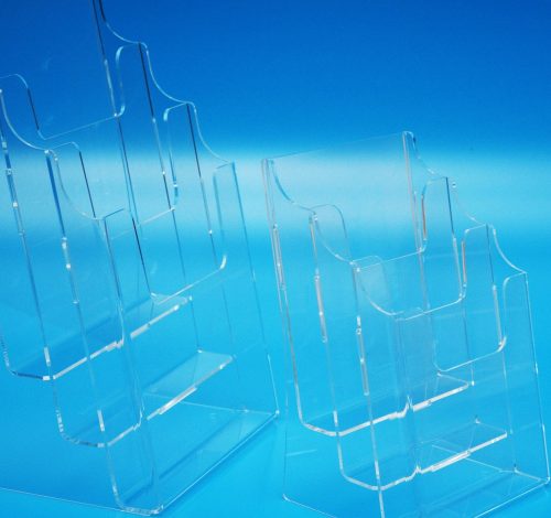 3-tier free standing, counter top brochure holders manufactured in clear acrylic