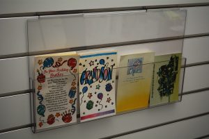 Slatwall card display pocket manufactured in PET-G and available in a range of sizes.