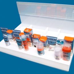 Shelf top product promoter with individual product sections and sleeves for marketing