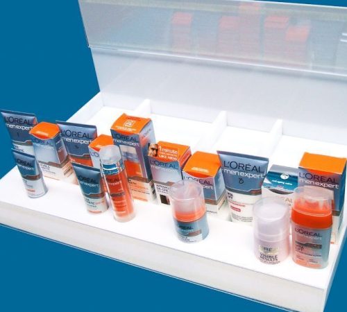 Shelf top product promoter with individual product sections and sleeves for marketing