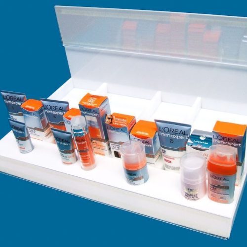 Shelf top product promoter with individual product sections and sleeves for marketing