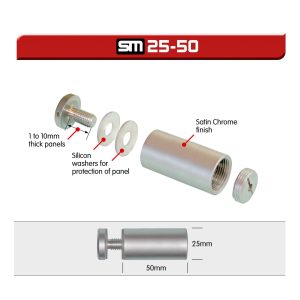 satin chrome sign mounts used to mount displays to the wall