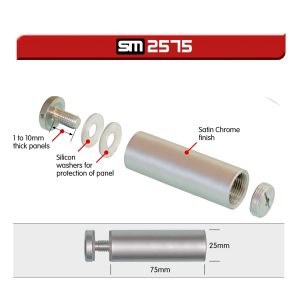 satin chrome sign mounts used to mount displays to the wall