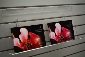 Clear acrylic slatwall tilt shelf displaying brochures/catalogues