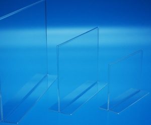 Landscape vertical menu holders in a few different page sizes, manufactured in clear acrylic.