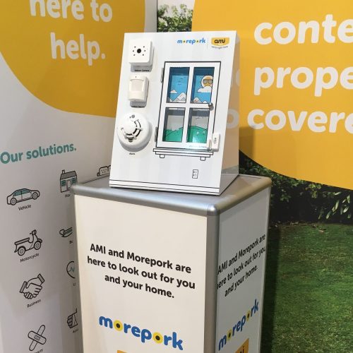 Custom Display stand with hinged display door and product adhered to the front