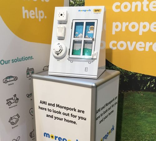 Custom Display stand with hinged display door and product adhered to the front