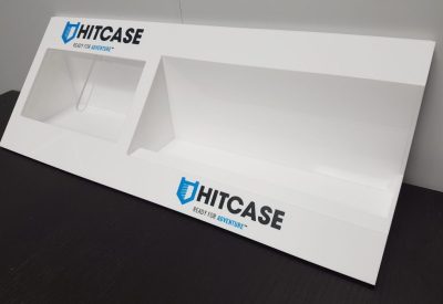 White acrylic display unit with clear acrylic panels and vinyl decals