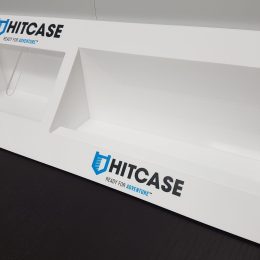White acrylic display unit with clear acrylic panels and vinyl decals