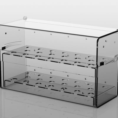 3D render of a clear acrylic tooth brush display with a hinged lid and handles on the sides.