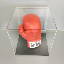 5-sided clear acrylic display cube on a black acrylic base, housing a red boxing glove.