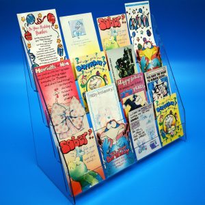 4-tier greeting card holder in transparent PET-G, full greeting cards.