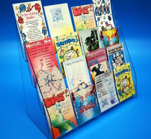 4-tier greeting card holder in transparent PET-G, full greeting cards.