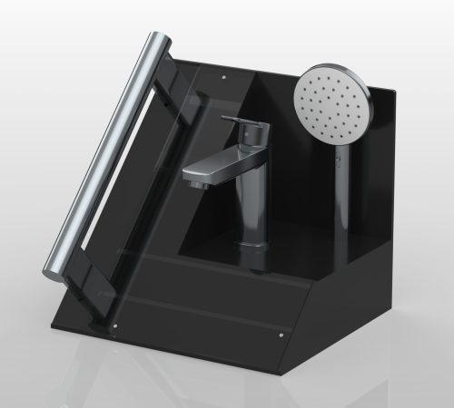 Render of a black acrylic display unit for housing tapware designs.