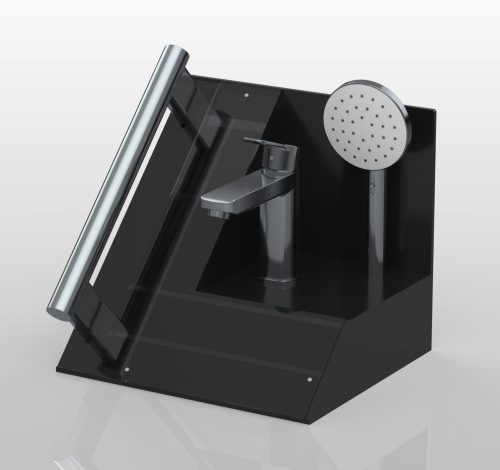 Render of a black acrylic display unit for housing tapware designs.