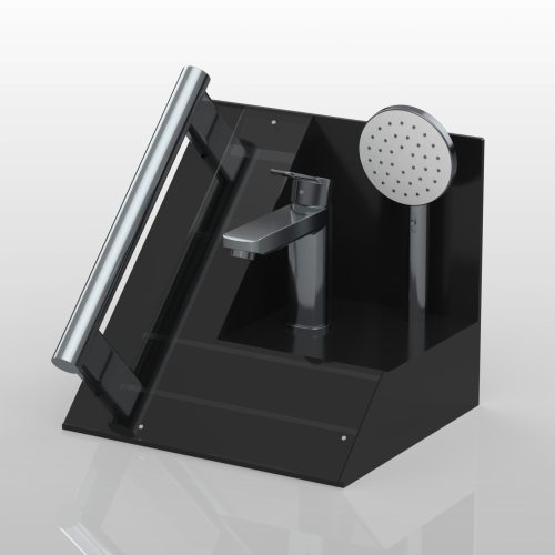 Render of a black acrylic display unit for housing tapware designs.